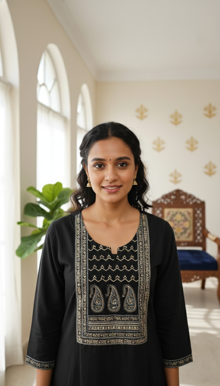 Women Black Printed With Beads Work Cotton Kurta Pant Dupatta Set