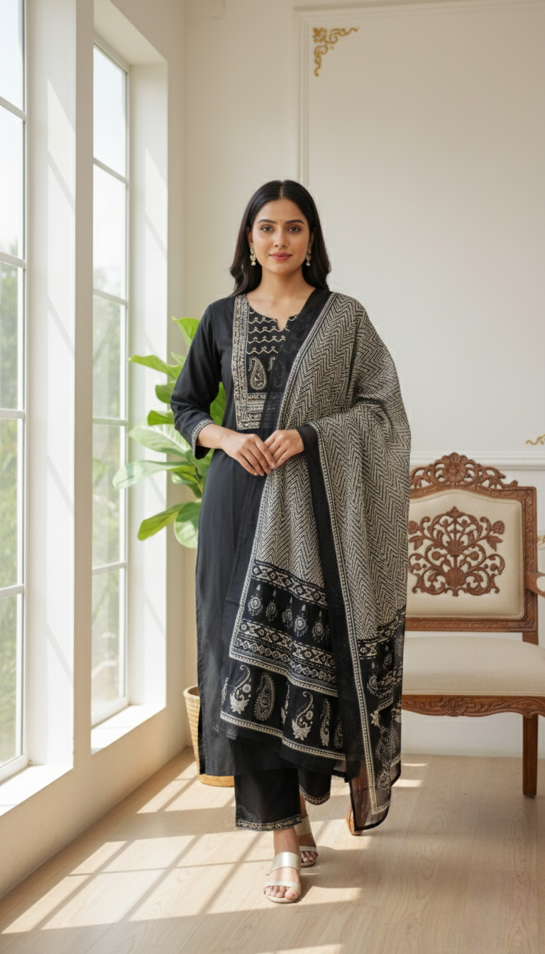 Women Black Printed With Beads Work Cotton Kurta Pant Dupatta Set