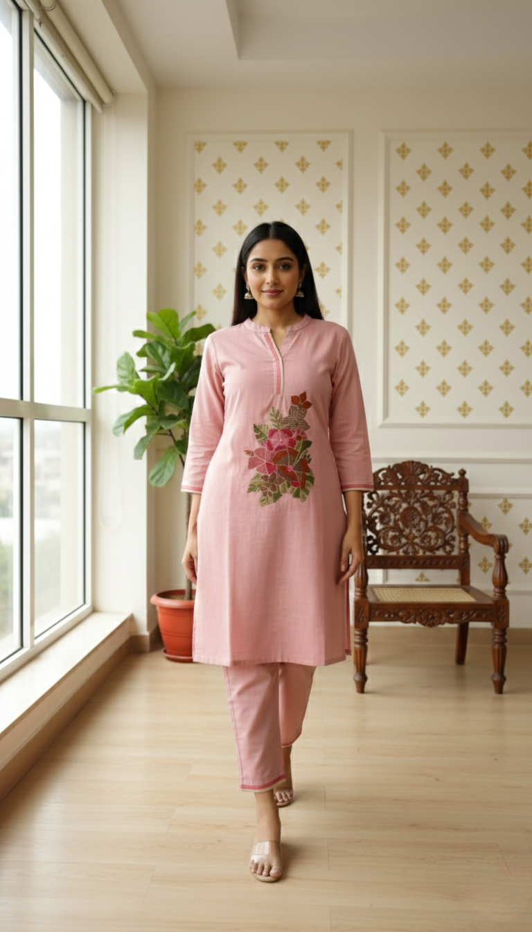 Women Pink Embroidered Cotton Kurta Pant Set