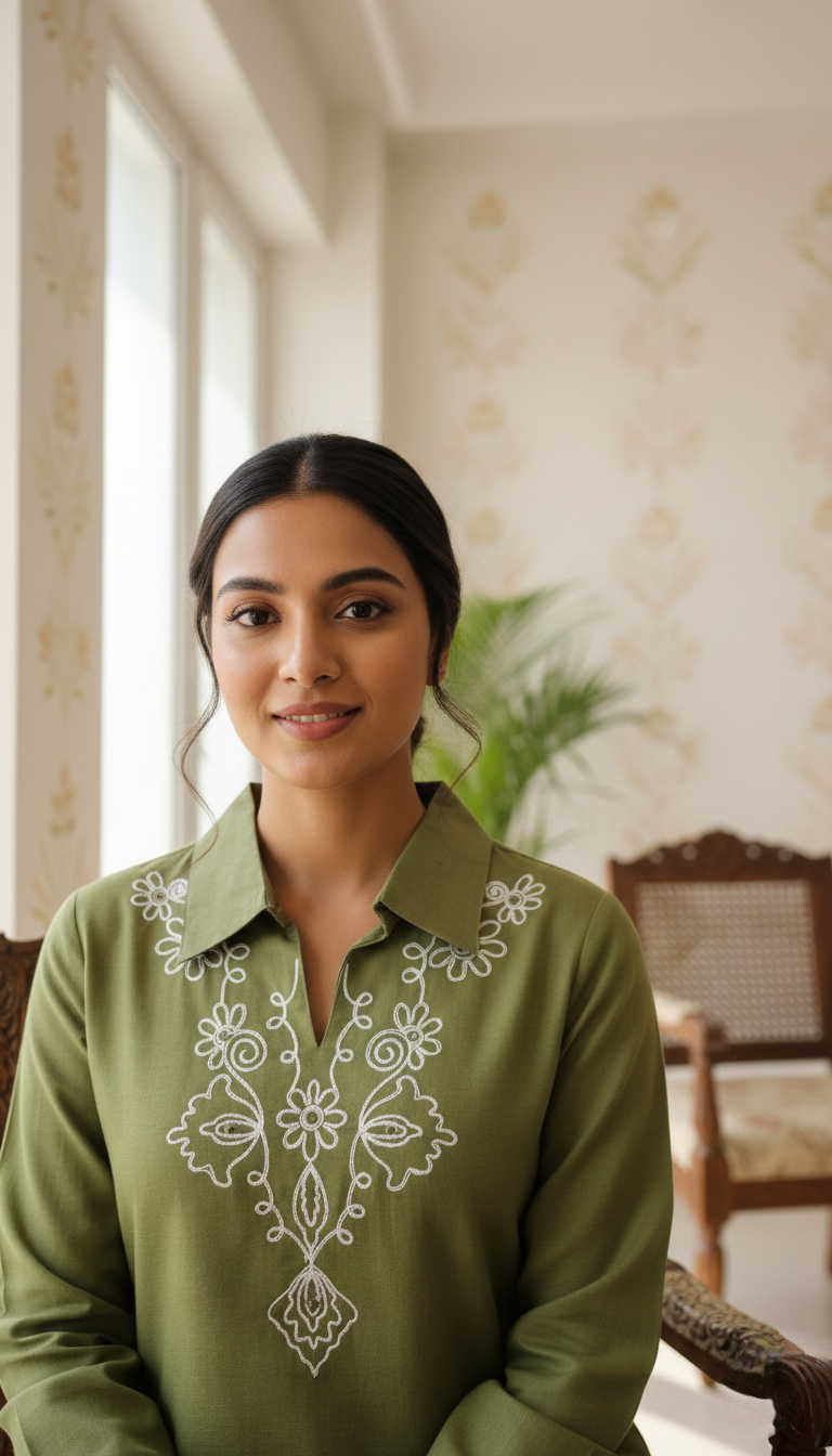 Women Mehandi Thread Embroidered Coord Set