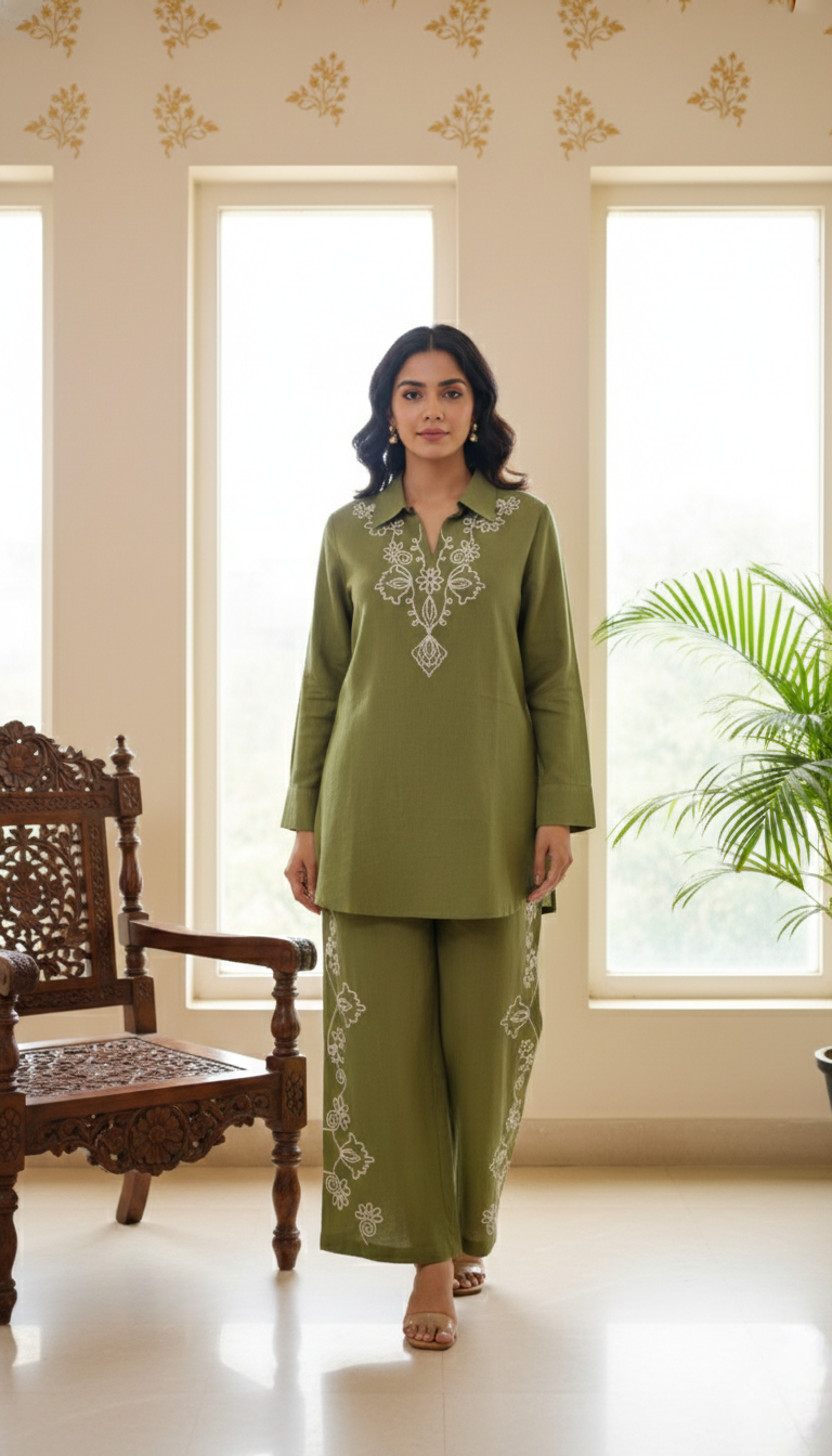 Women Mehandi Thread Embroidered Coord Set