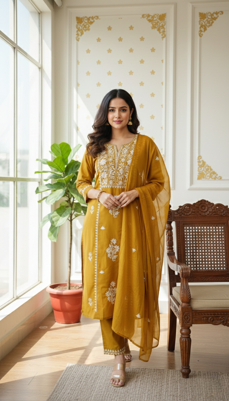 Women Yellow Thread Work Cotton Kurta Pant Set