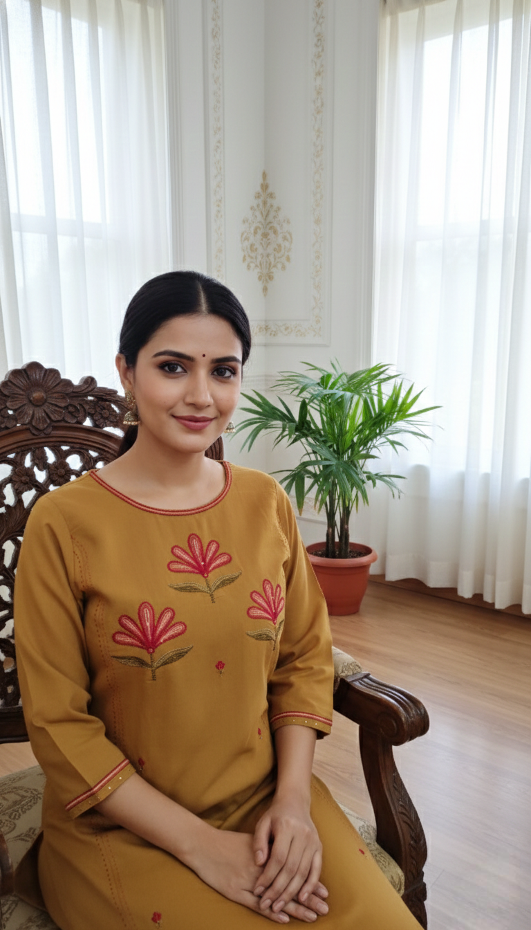 Women Mustard Yellow Thread Work Cotton Kurta Pant Set