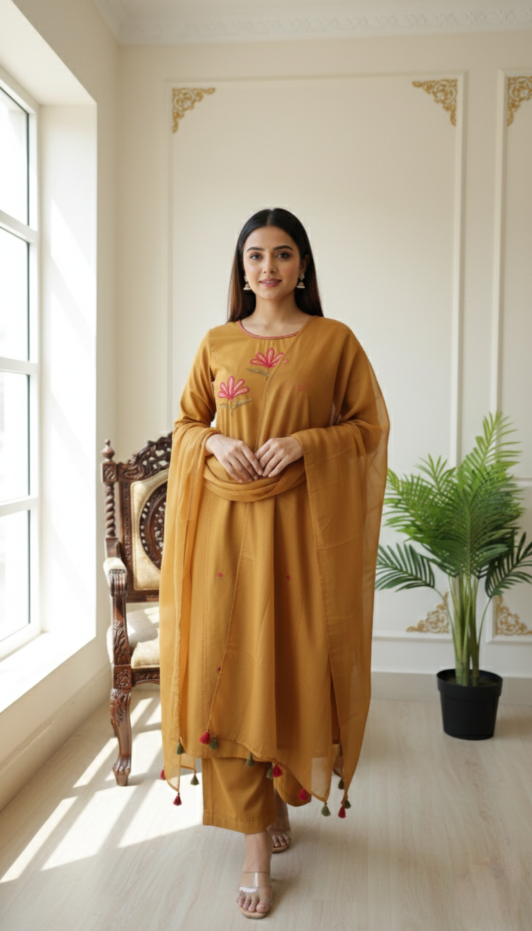 Women Mustard Yellow Thread Work Cotton Kurta Pant Set