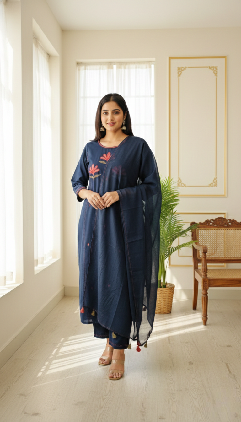 Women Navy Blue Thread Embroidered Cotton Kurta Pant Dupatta Set