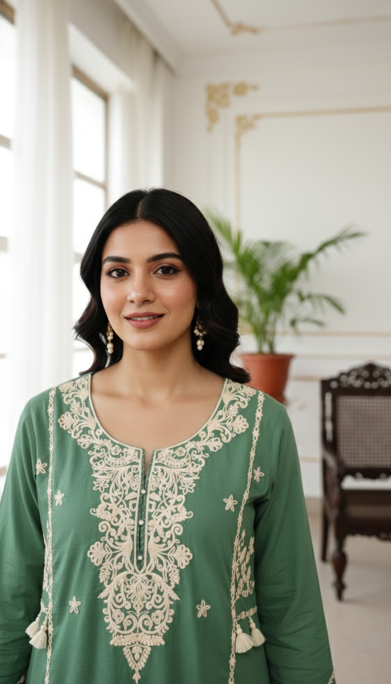 Women Pista Green Chikankari Work Cotton Kurta Pant Dupatta Set