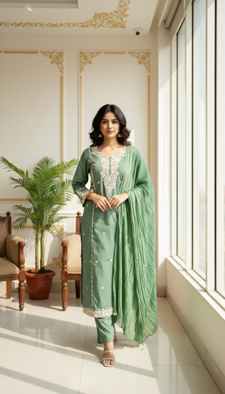 Women Pista Green Chikankari Work Cotton Kurta Pant Dupatta Set