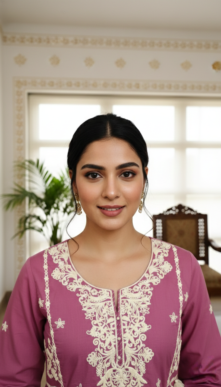 Women Pink Thread Work Cotton Kurta Pant Dupatta Set