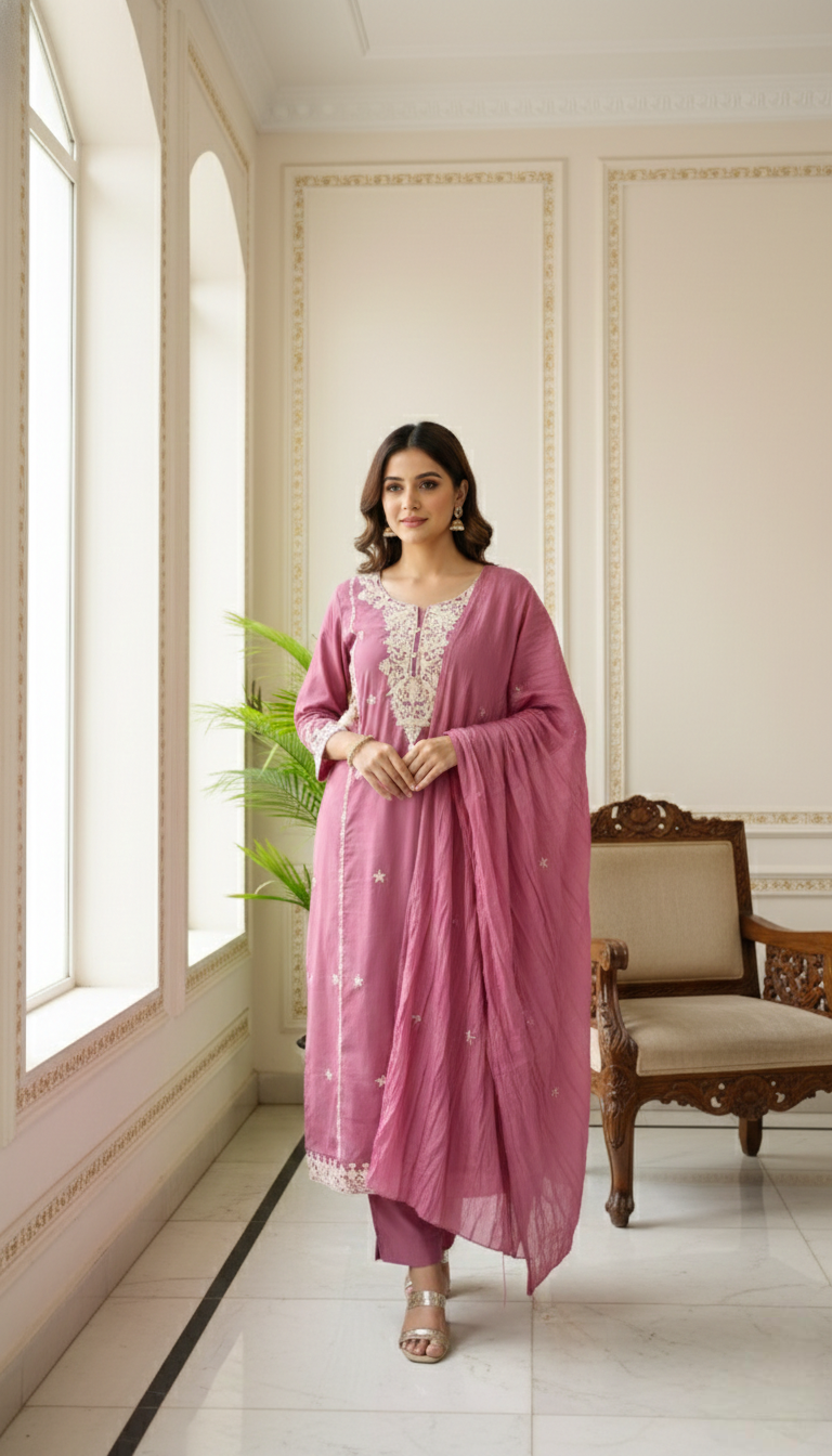 Women Pink Thread Work Cotton Kurta Pant Dupatta Set