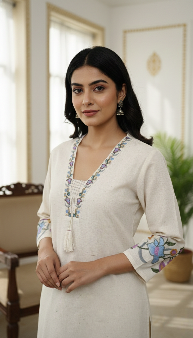 Women Off White Floral Embroidered Cotton Kurta Pant Dupatta Set