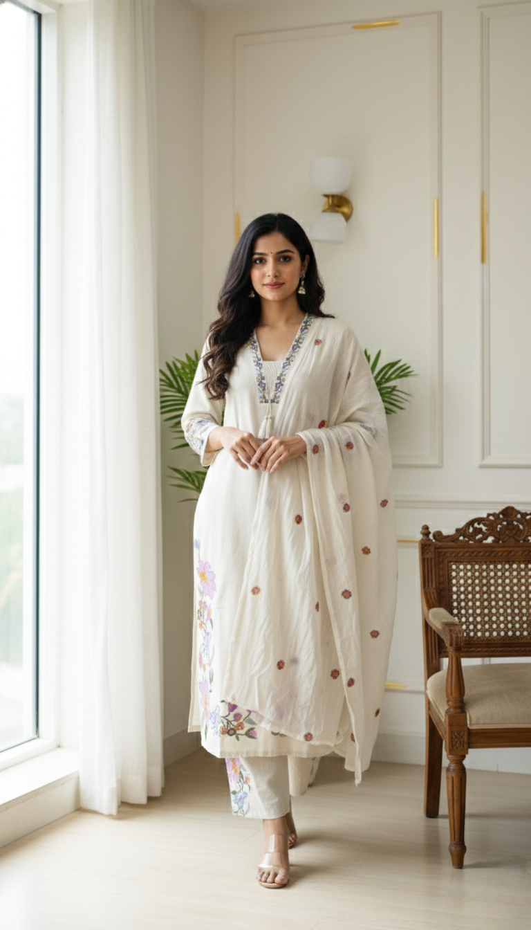 Women Off White Floral Embroidered Cotton Kurta Pant Dupatta Set