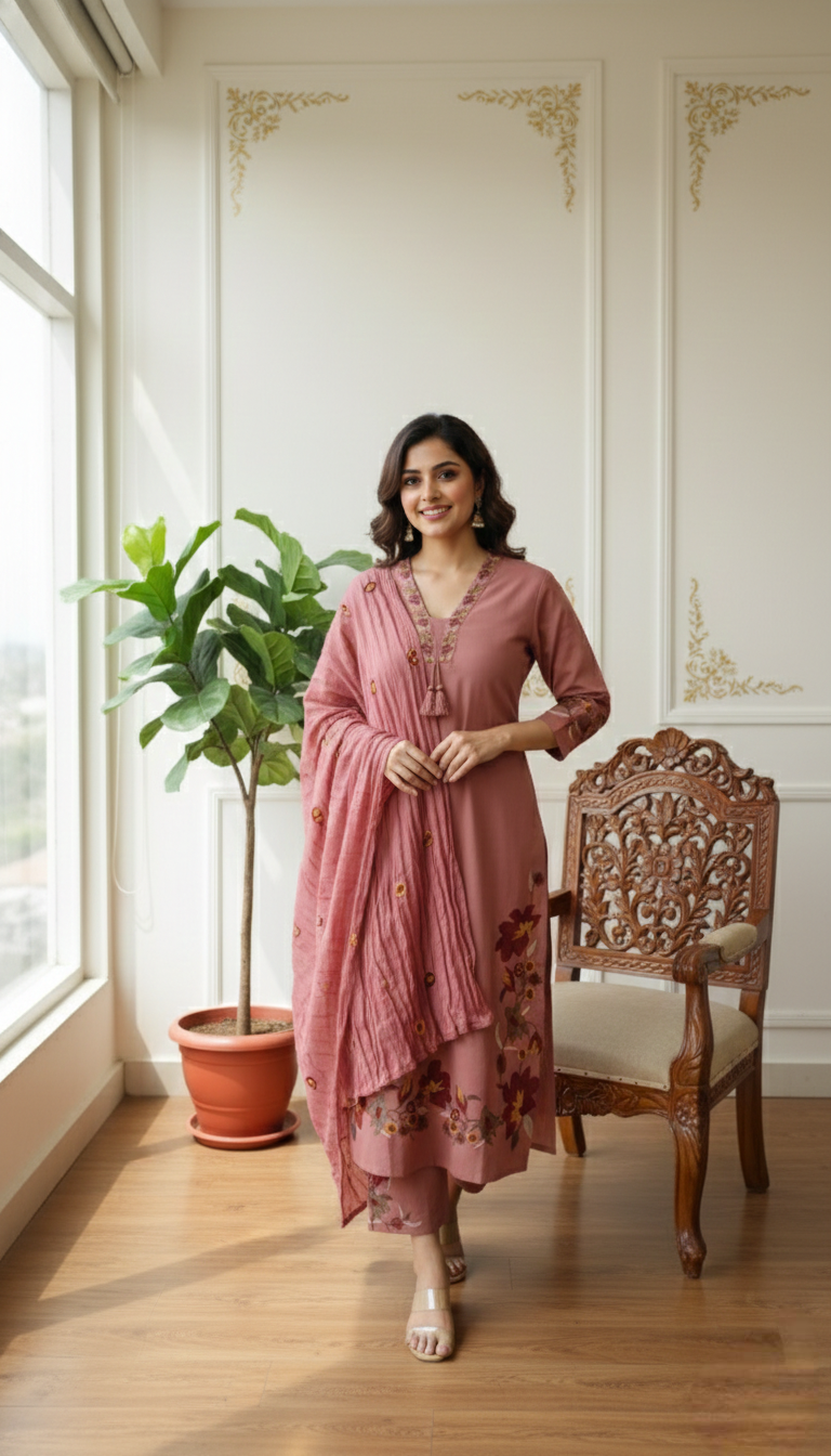 Women Pitch Thread Embroidery Cotton Kurta Pant Dupatta Set