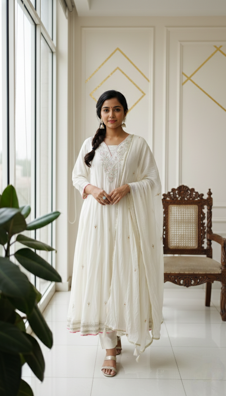 Women Off White Gota Patti Work Cotton Kurta Pant Dupatta Set