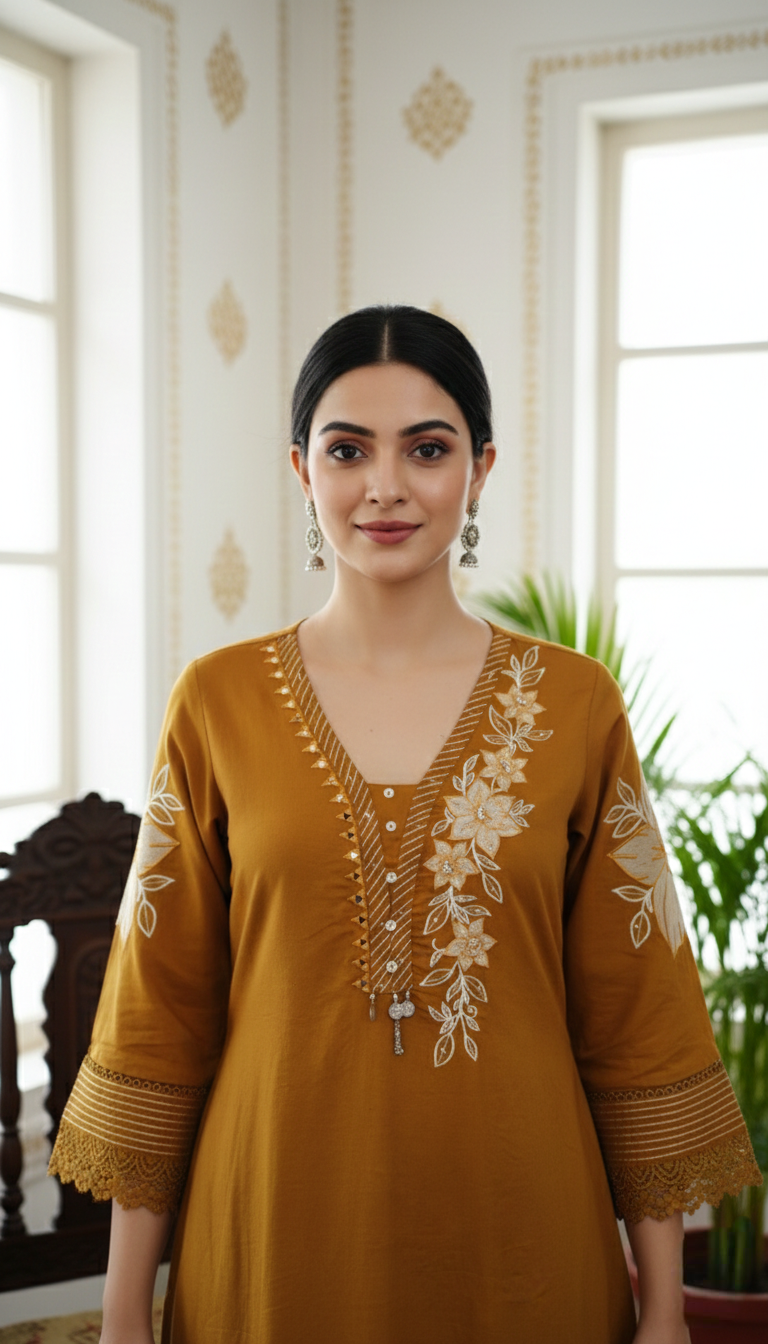 Women Mustard Yellow Applique Work Cotton Kurta Pant Dupatta Set