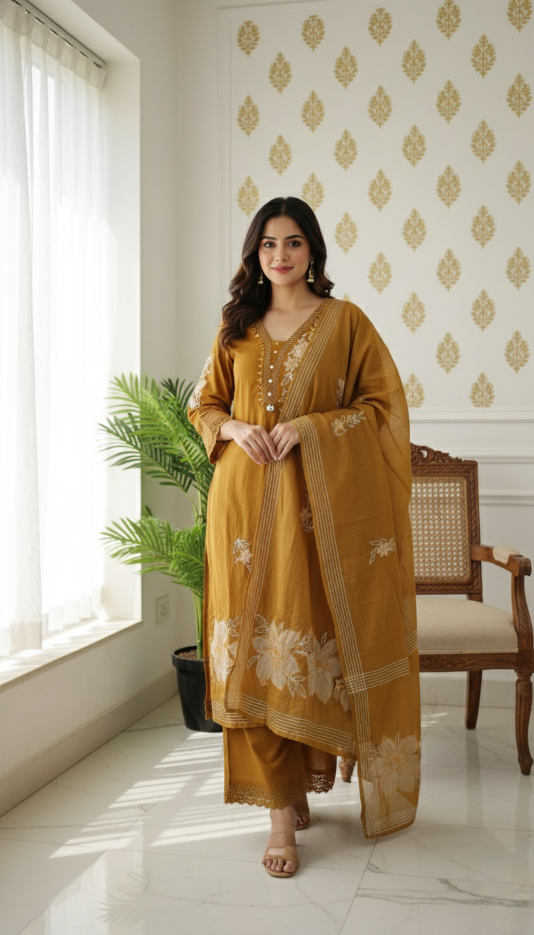 Women Mustard Yellow Applique Work Cotton Kurta Pant Dupatta Set