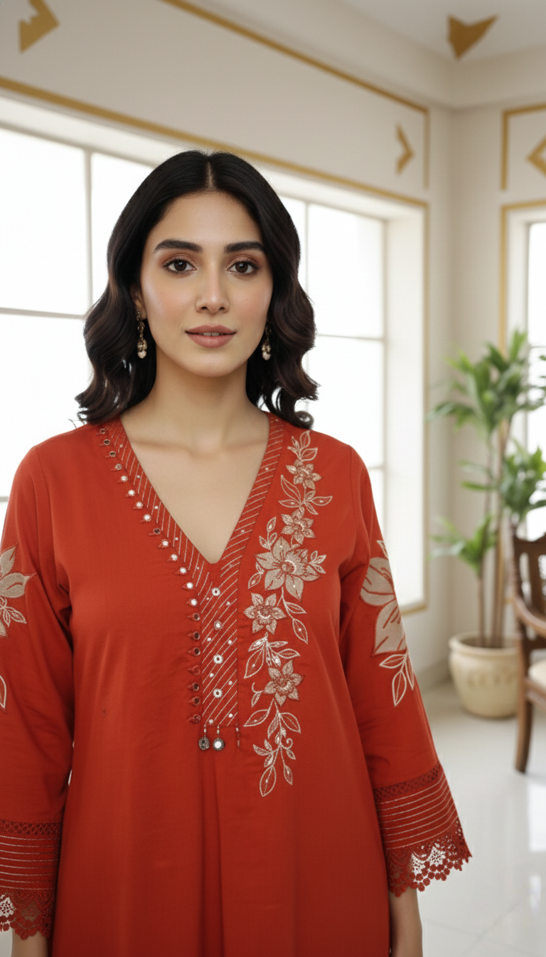 Women Rust Applique Work Cotton Kurta Pant Dupatta Set