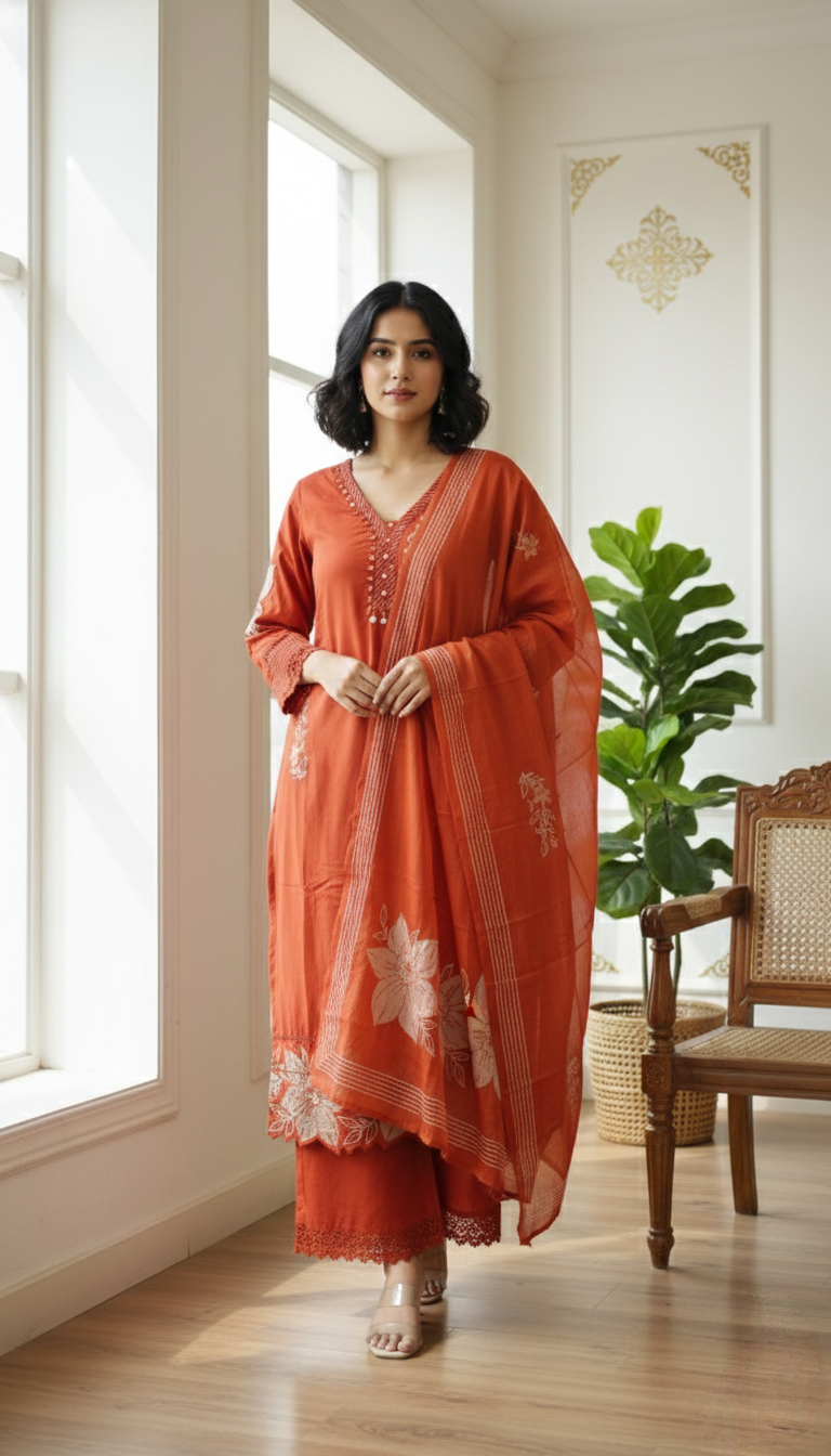 Women Rust Applique Work Cotton Kurta Pant Dupatta Set