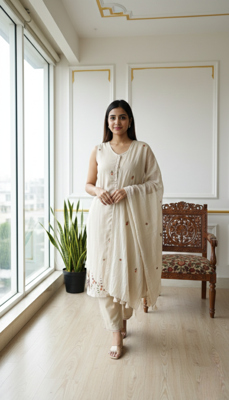 Women Beige Thread Work Cotton Kurta Pant Dupatta Set