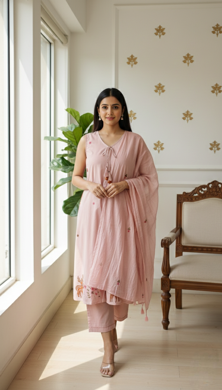 Women Pitch Thread Work Cotton Kurta Pant Dupatta Set