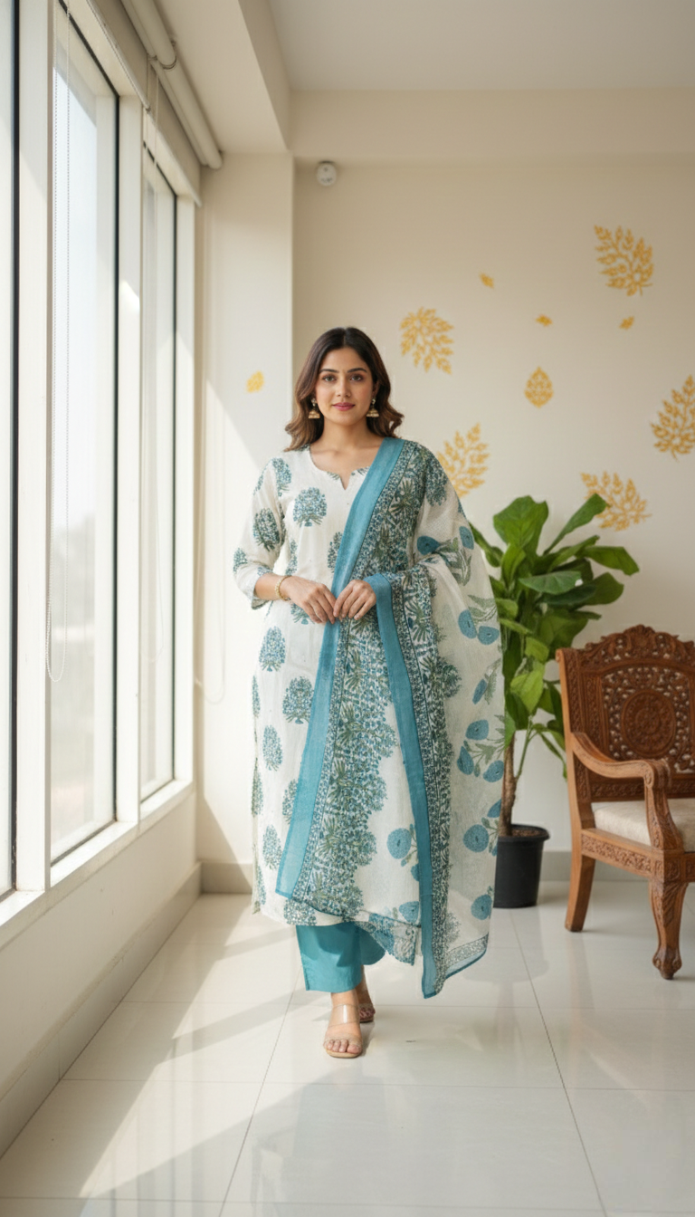 Women Multicolour Printed Cotton Kurta Pant Dupatta Set