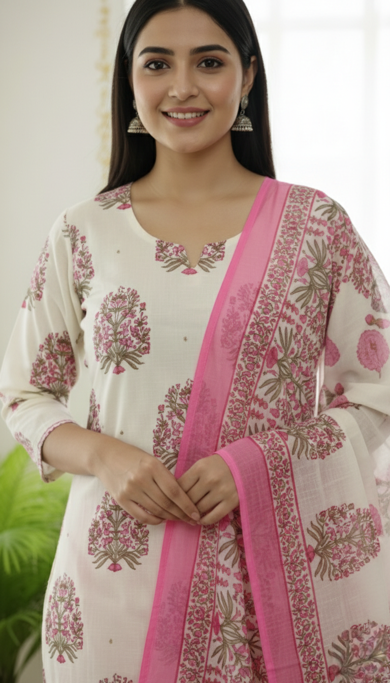 Women Multicolour Printed Cotton Kurta Pant Dupatta Set