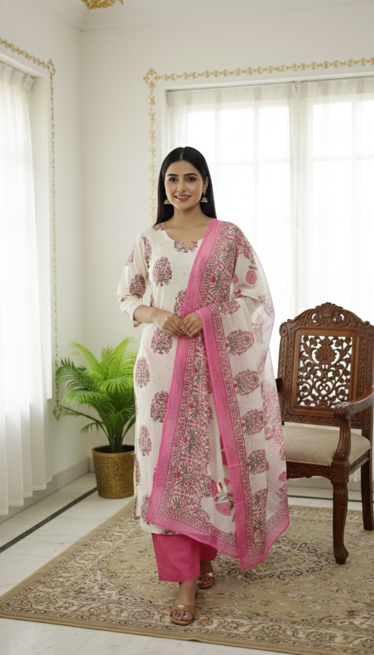 Women Multicolour Printed Cotton Kurta Pant Dupatta Set