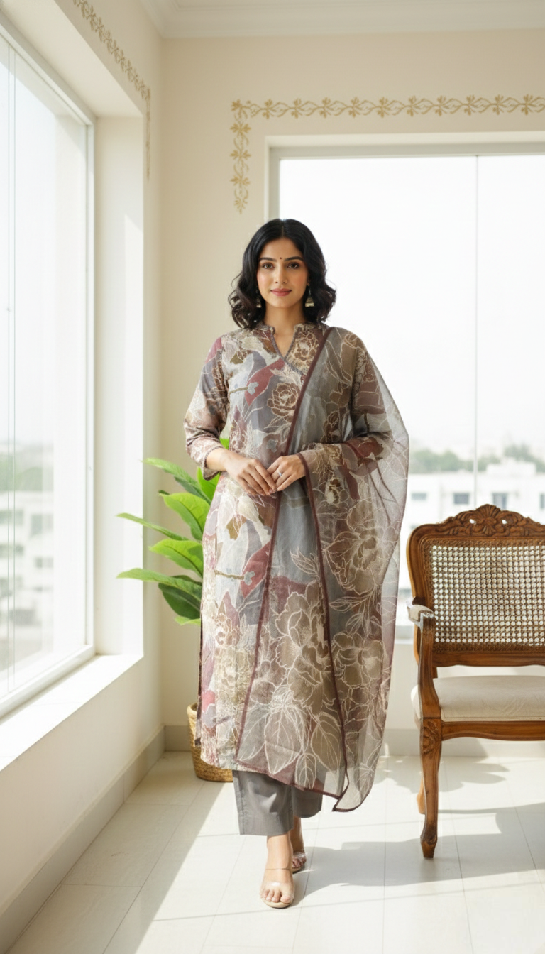 Women Multicolour Printed Cotton Kurta Pant Dupatta Set