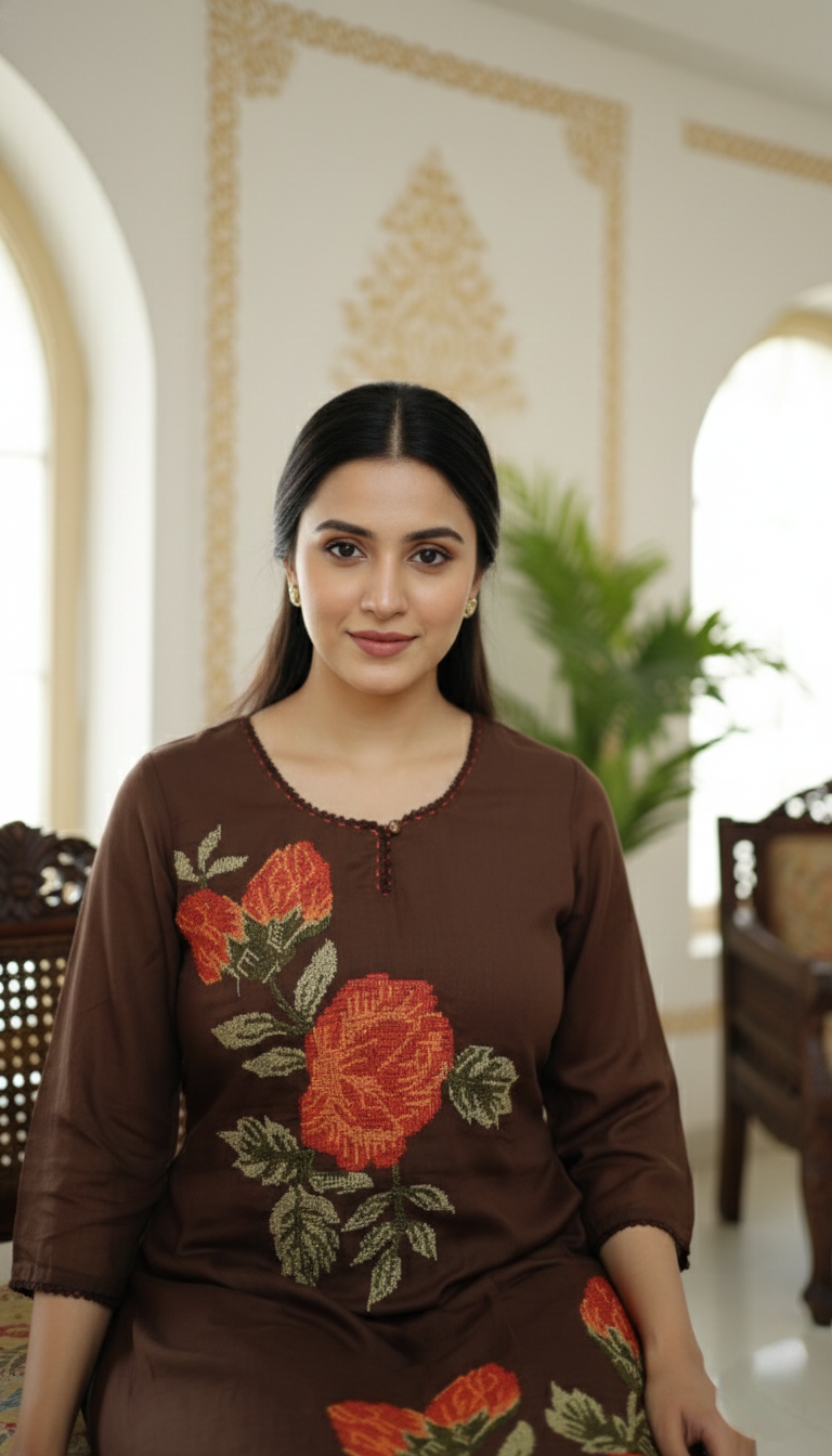 Women Coffee Thread Work Mul Cotton Kurta Pant Dupatta Set