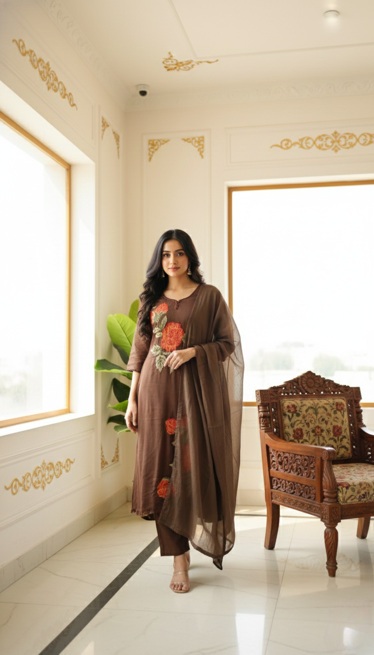 Women Coffee Thread Work Mul Cotton Kurta Pant Dupatta Set