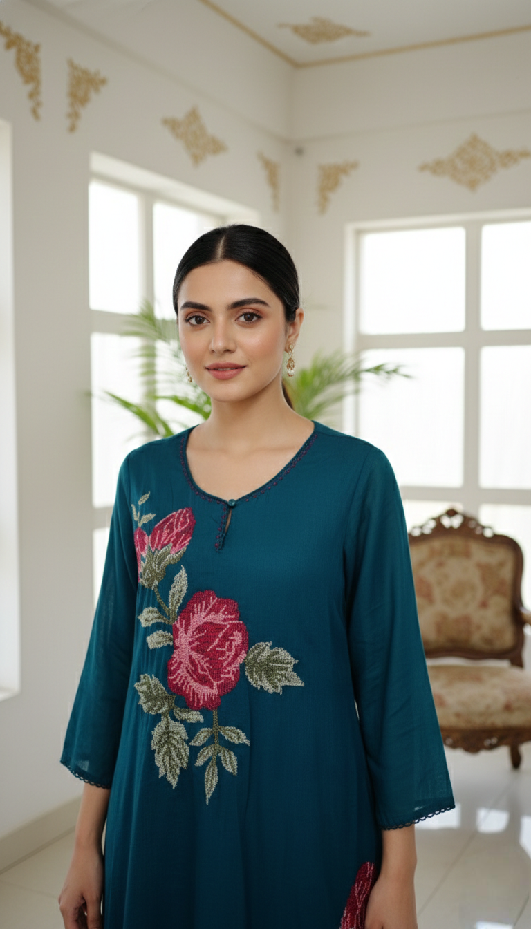 Women Teal Blue Thread Work Mul Cotton Kurta Pant Dupatta Set