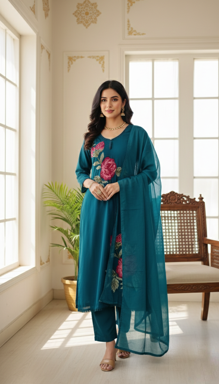 Women Teal Blue Thread Work Mul Cotton Kurta Pant Dupatta Set