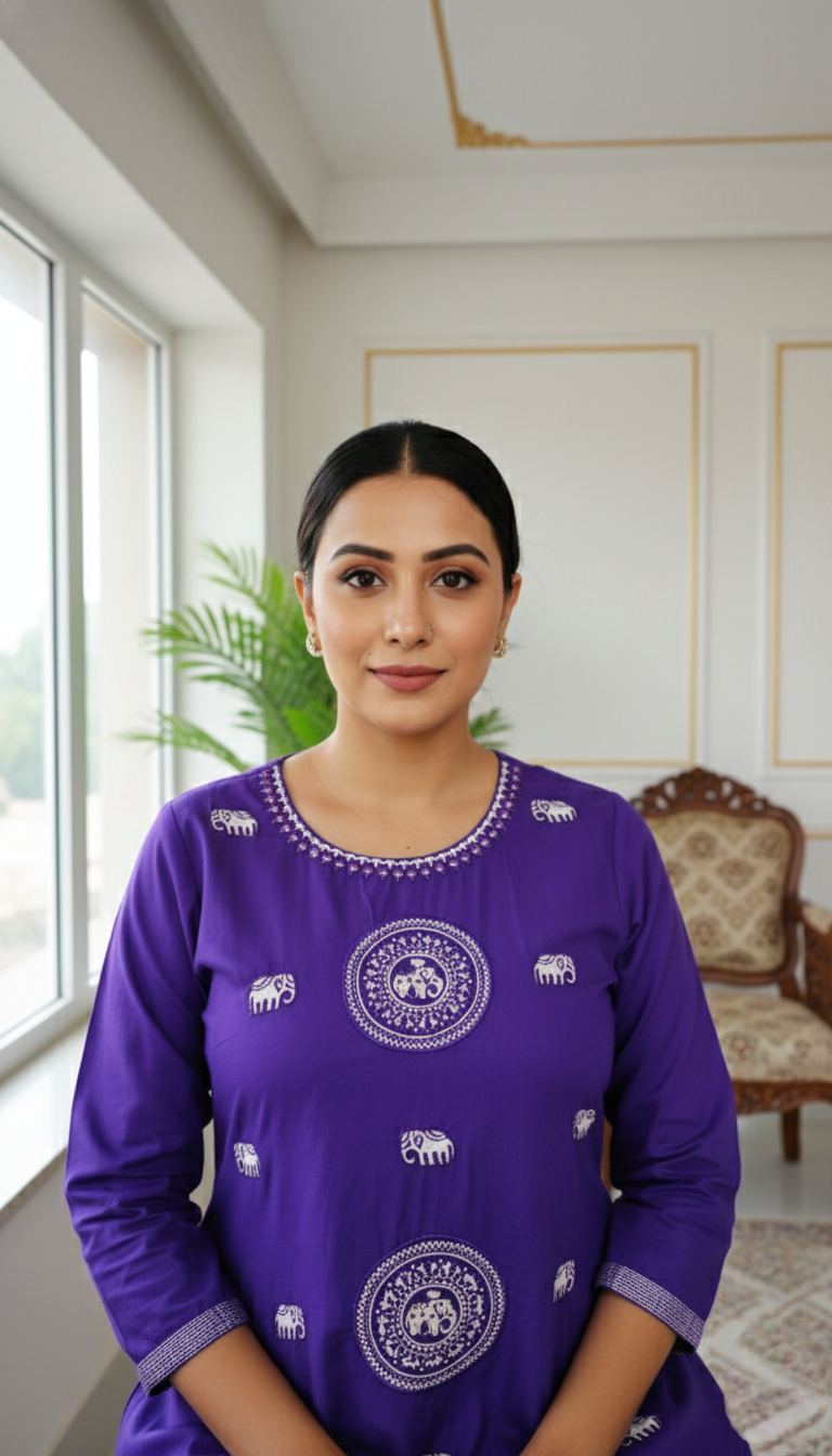 Women Purple Patch Emboidered Pure Cotton Kurta Pant Dupatta Set