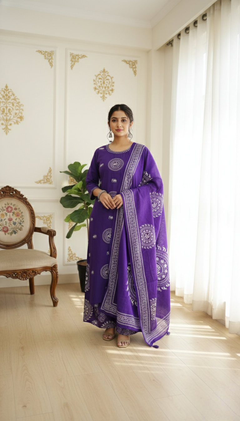 Women Purple Patch Emboidered Pure Cotton Kurta Pant Dupatta Set