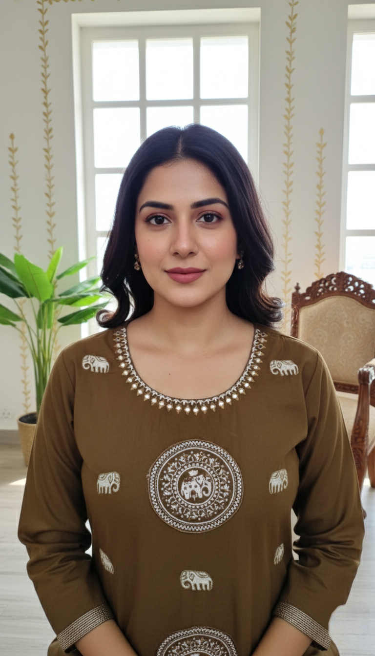 Women Brown Patch Emboidered Pure Cotton Kurta Pant Dupatta Set