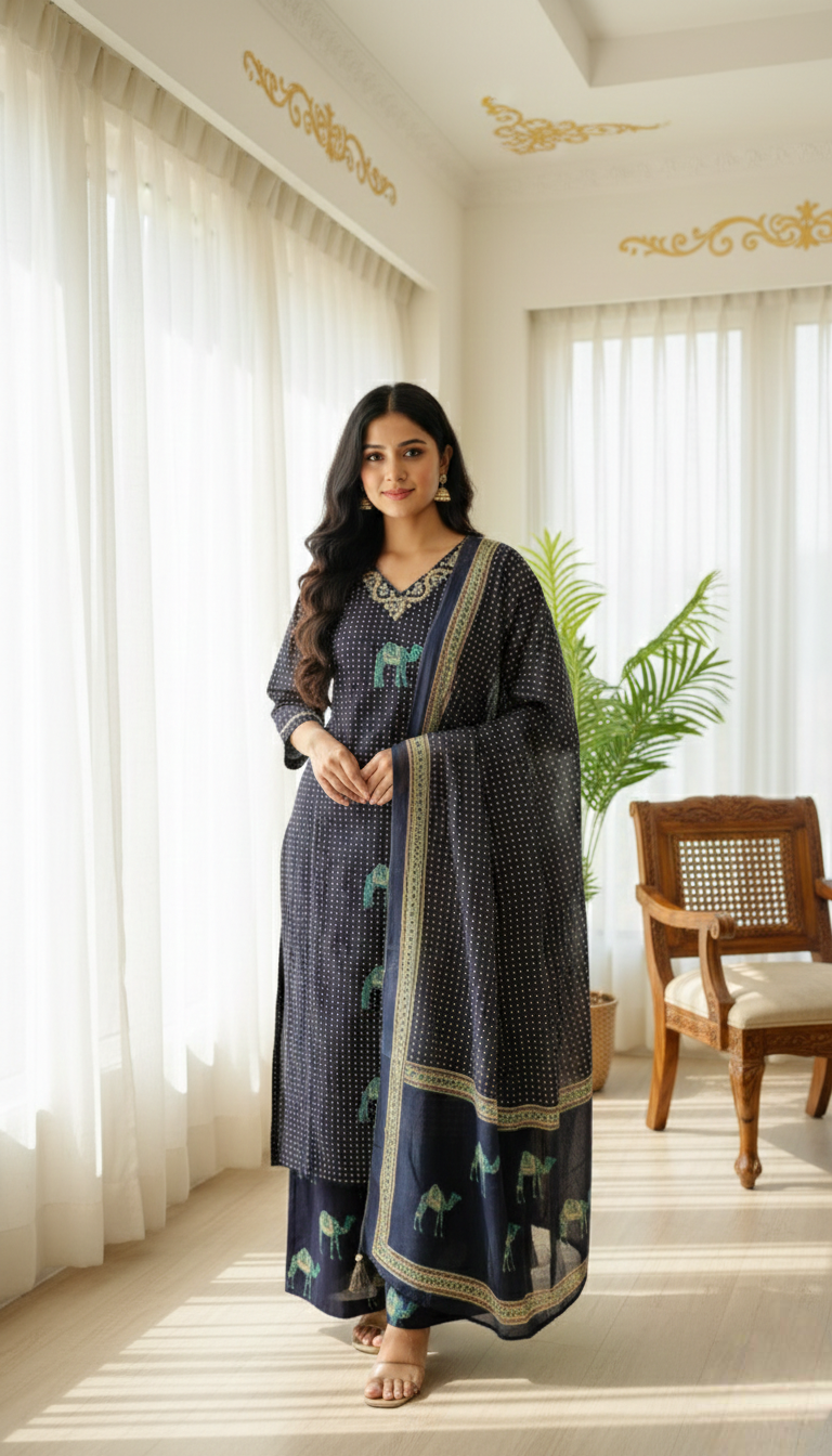 Women Navy Blue Thread Emboidered Pure Cotton Kurta Pant Dupatta Set