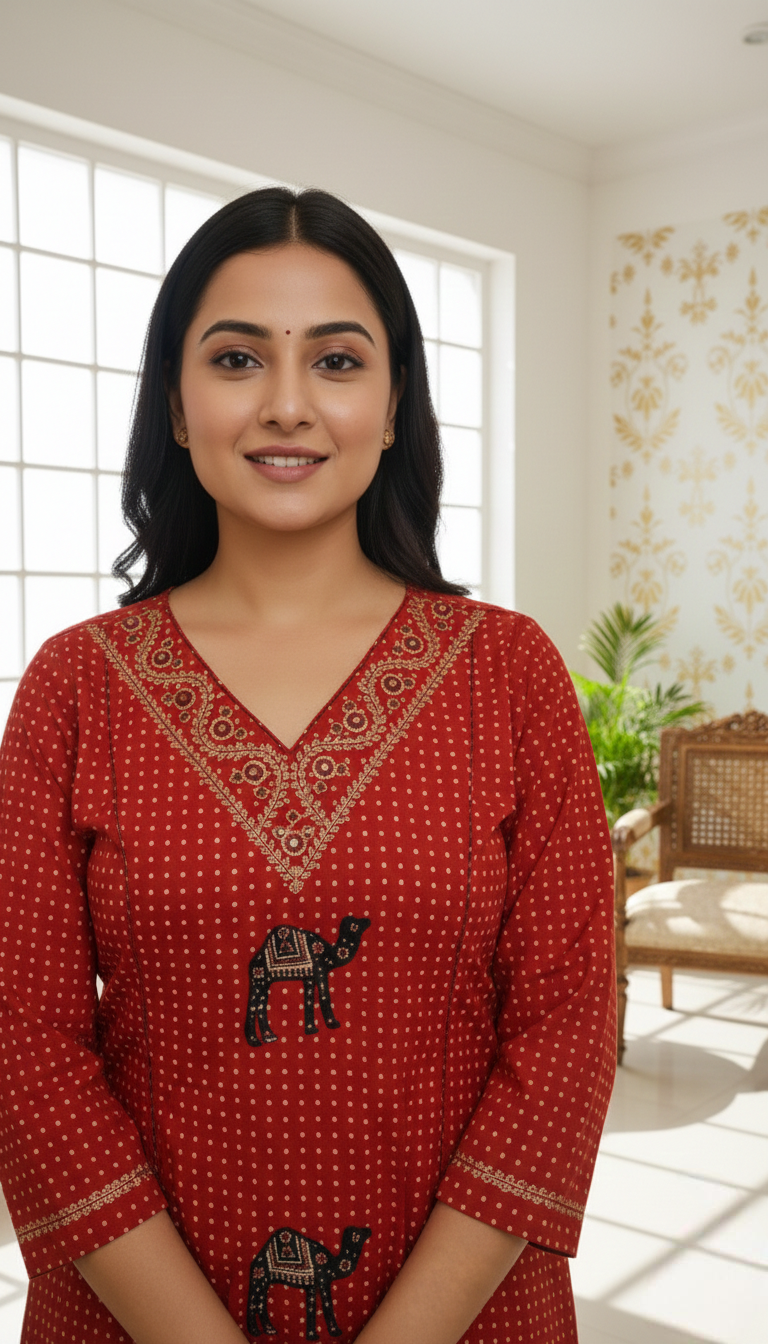 Women Rust Thread Emboidered Pure Cotton Kurta Pant Dupatta Set