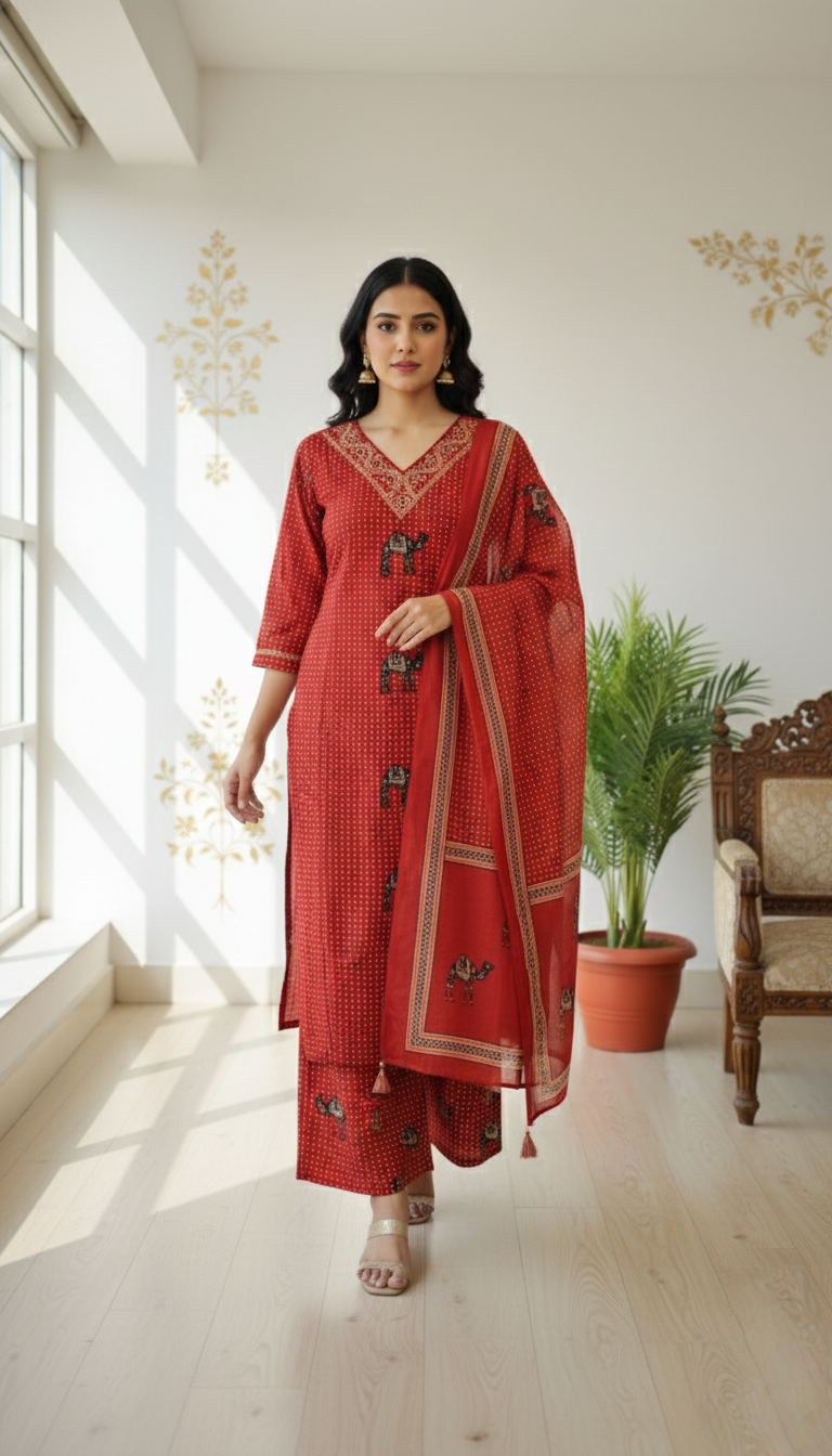 Women Rust Thread Emboidered Pure Cotton Kurta Pant Dupatta Set