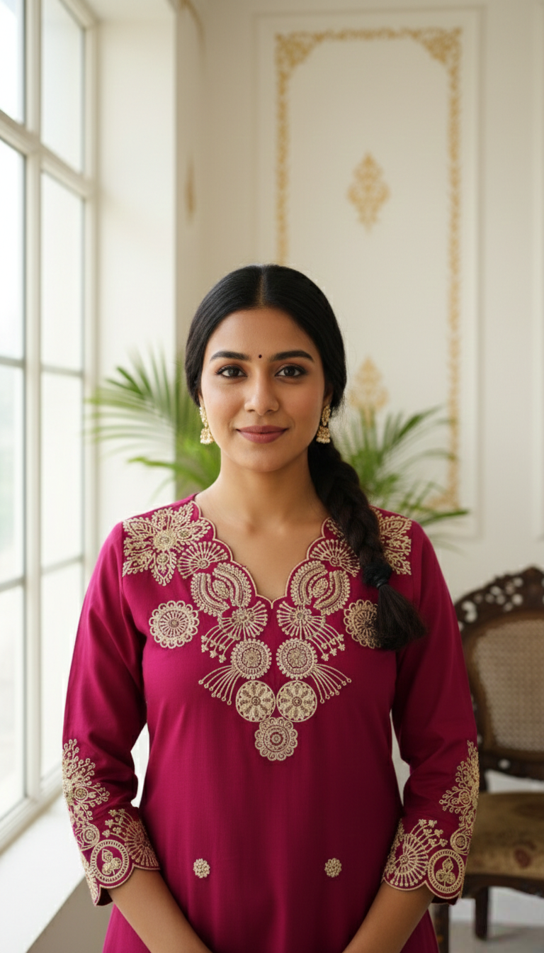 Women Pink Thread Emboidered Pure Cotton Kurta Pant Dupatta Set