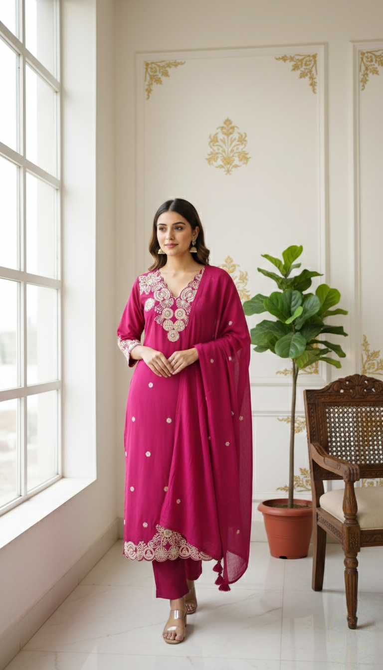 Women Pink Thread Emboidered Pure Cotton Kurta Pant Dupatta Set