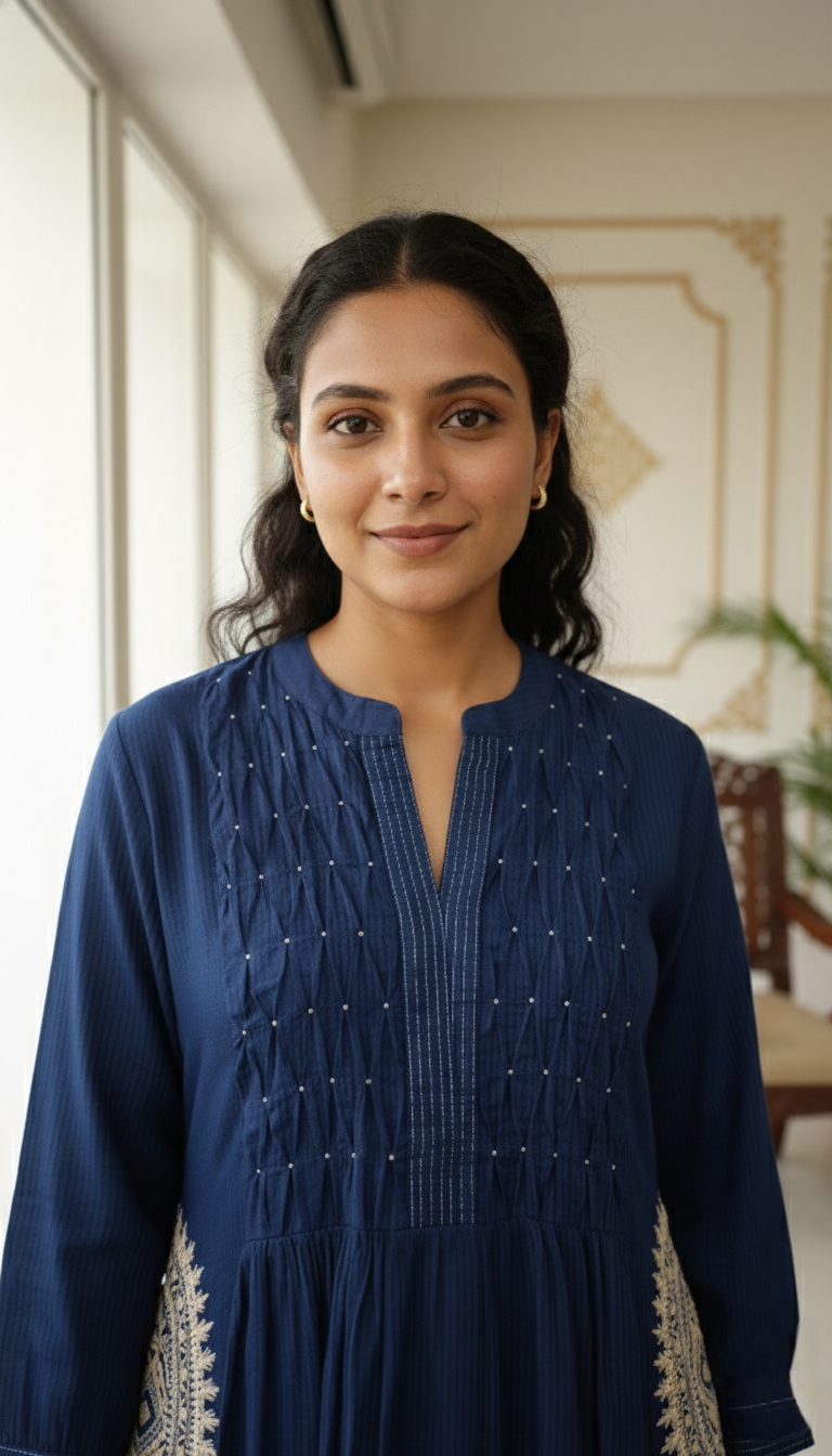 Women Dark Blue Printex Thread Emboidered Pure Cotton Kurta Pant Dupatta Set