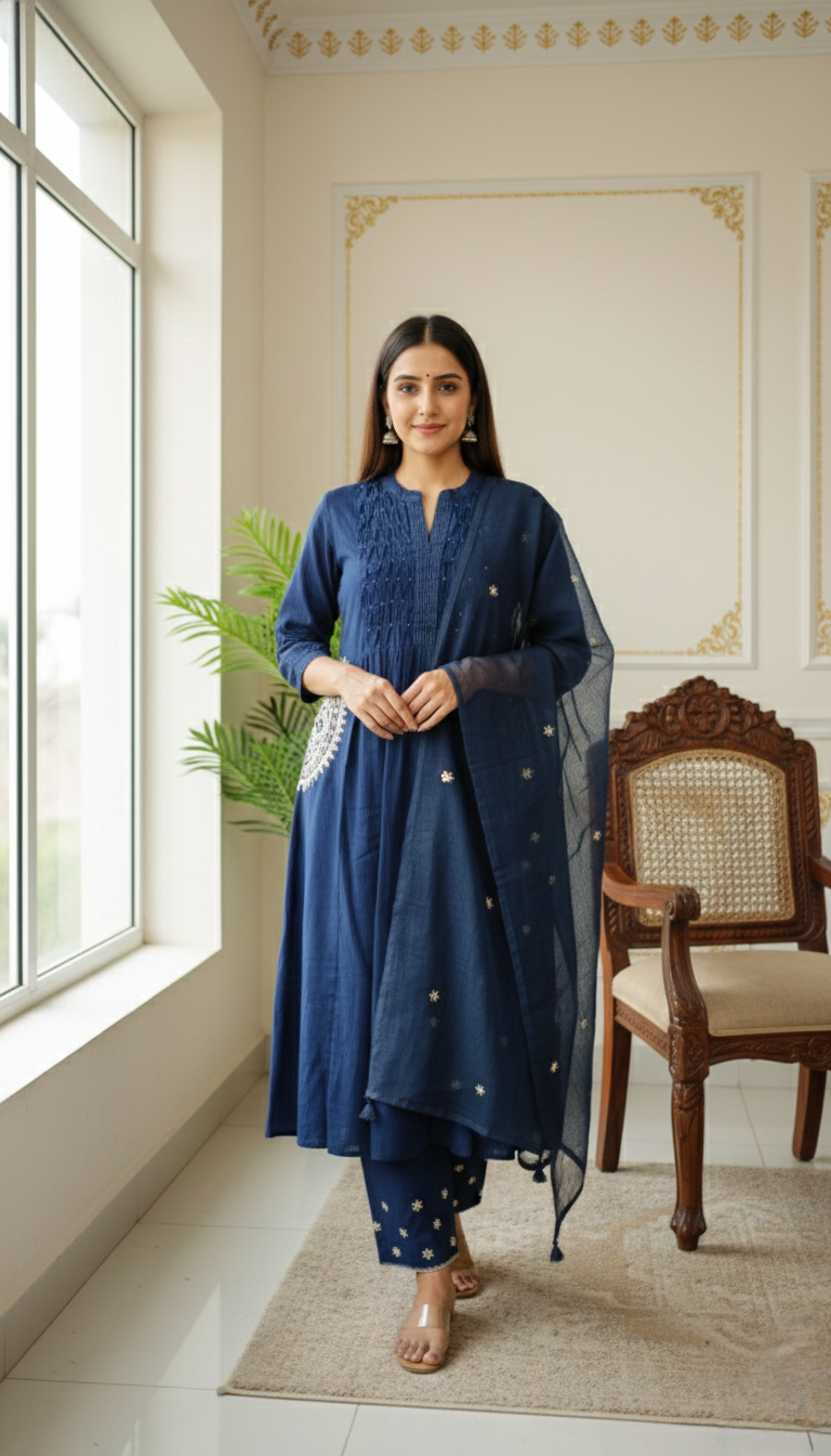 Women Dark Blue Printex Thread Emboidered Pure Cotton Kurta Pant Dupatta Set