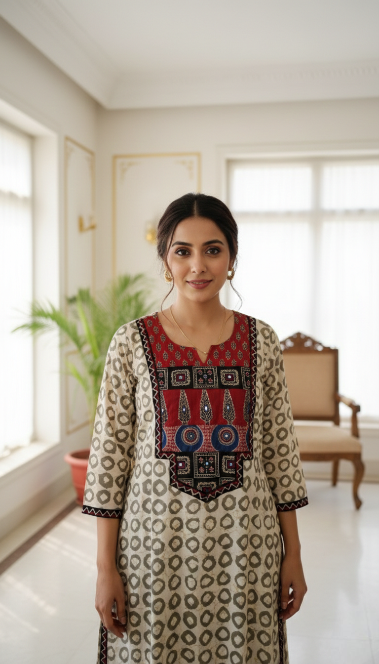 Women Beige Ajrakh Print Cotton Kurta Pant Dupatta Set