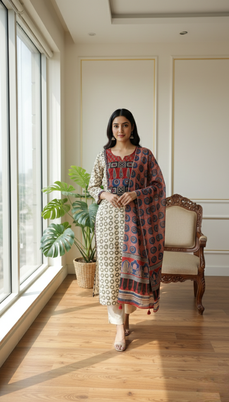 Women Beige Ajrakh Print Cotton Kurta Pant Dupatta Set