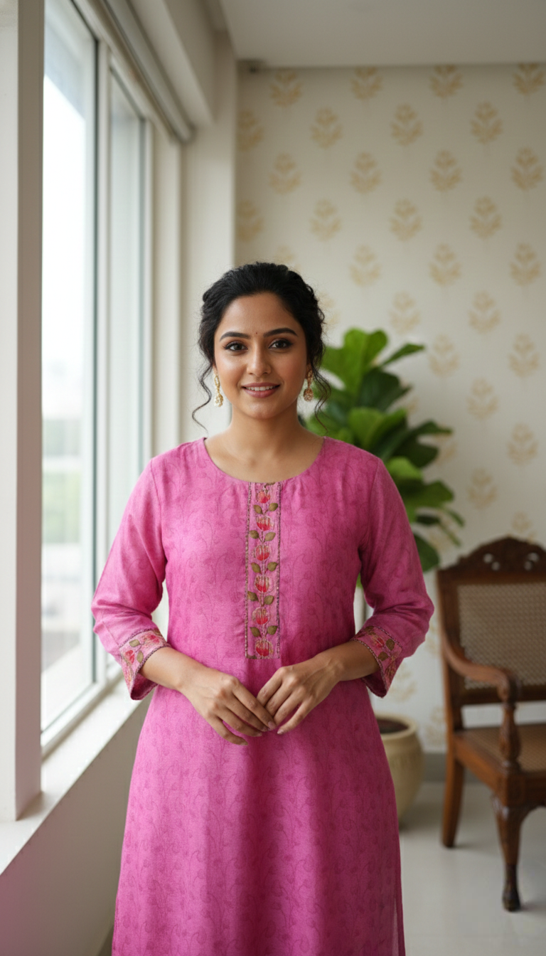 Women Pink Thread Work Chanderi Kurta Pant Dupatta Set