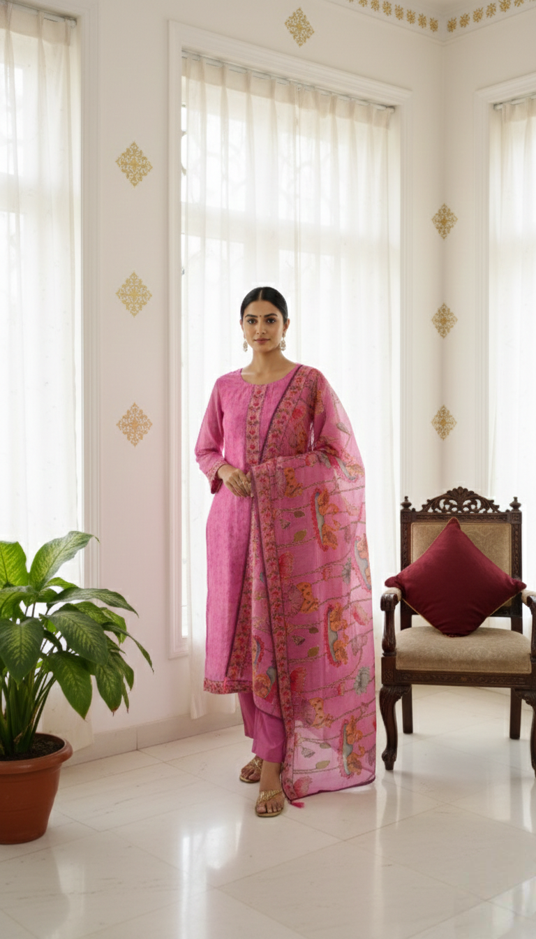 Women Pink Thread Work Chanderi Kurta Pant Dupatta Set