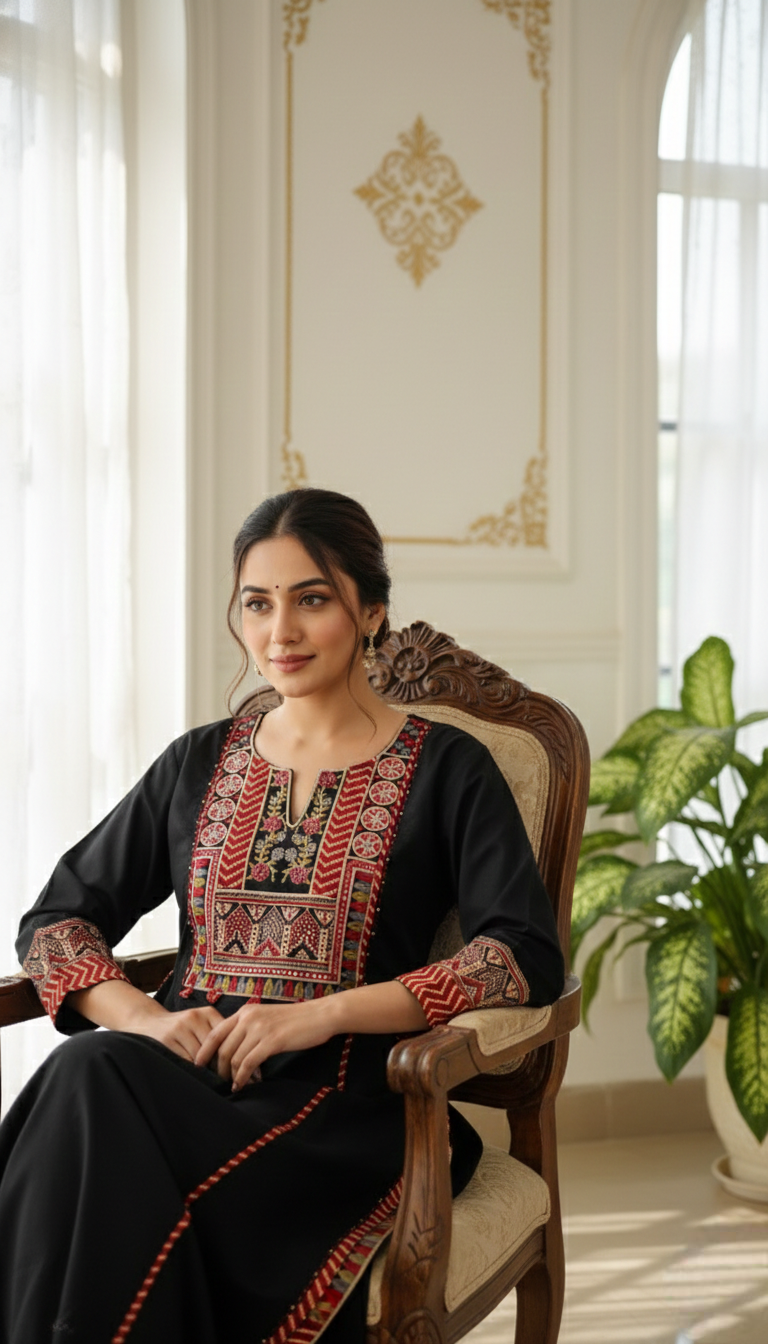 Women Black Patch Work Cotton Kurta Plazo Dupatta Set