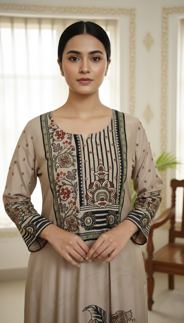 Women Multicolour Beads Work Silk Kurta Pant Dupatta Set