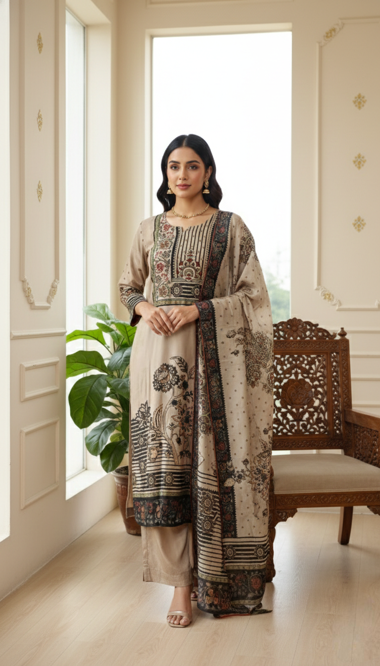 Women Multicolour Beads Work Silk Kurta Pant Dupatta Set