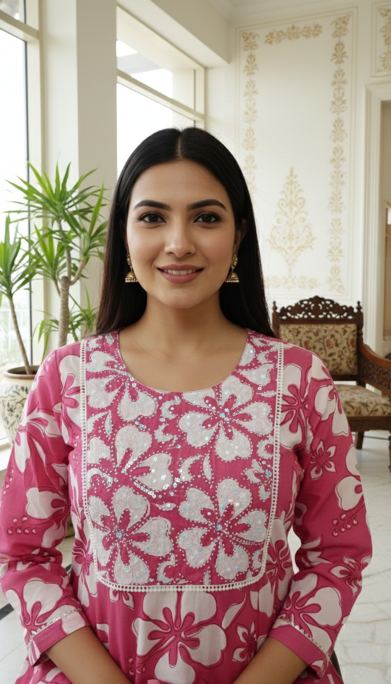 Women Pink Beads Work Cotton Kurta Pant Dupatta Set