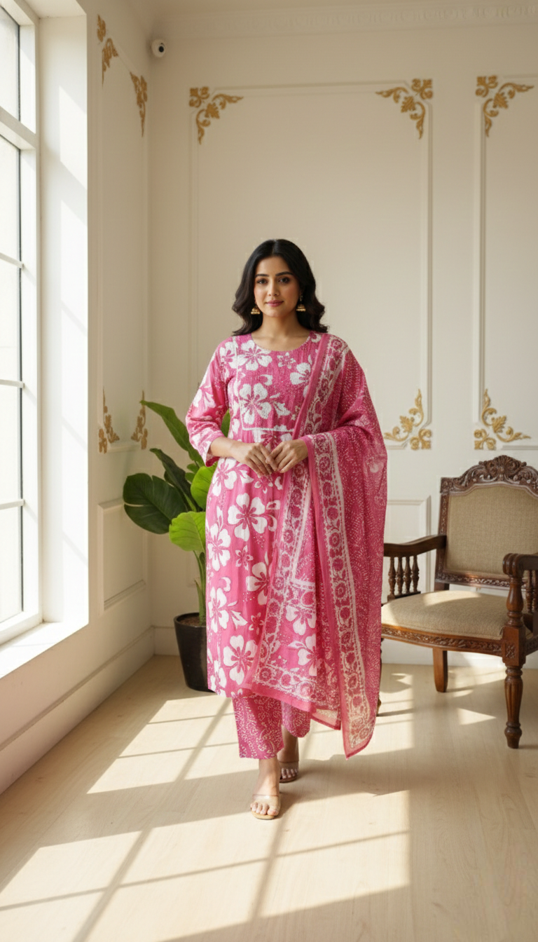 Women Pink Beads Work Cotton Kurta Pant Dupatta Set